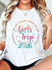 Unisex Graphic Tee For Girls Trip 2026 - Retro Matching Sets For Best Friends - Sleeveless Crew Neck Streetwear Casual Top - 'Girls Trip' And 2026 Lettering Design - Breathable For All Seasons - Vibrant Colors For Birthday Parties And Outdoor Activities - Medium Tee - 白色 - 查看 1