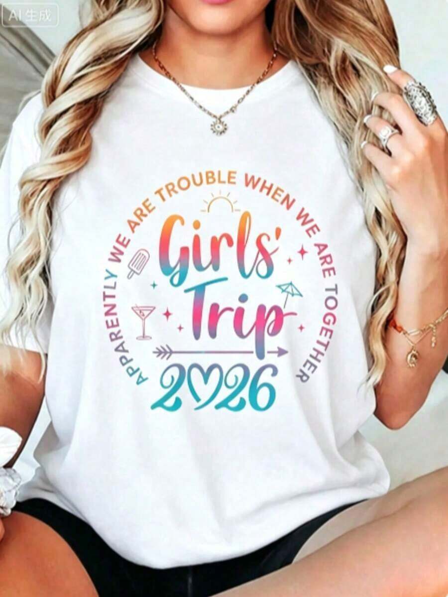 Unisex Graphic Tee For Girls Trip 2026 - Retro Matching Sets For Best Friends - Sleeveless Crew Neck Streetwear Casual Top - 'Girls Trip' And 2026 Lettering Design - Breathable For All Seasons - Vibrant Colors For Birthday Parties And Outdoor Activities - Medium Tee - 白色 - 查看 1