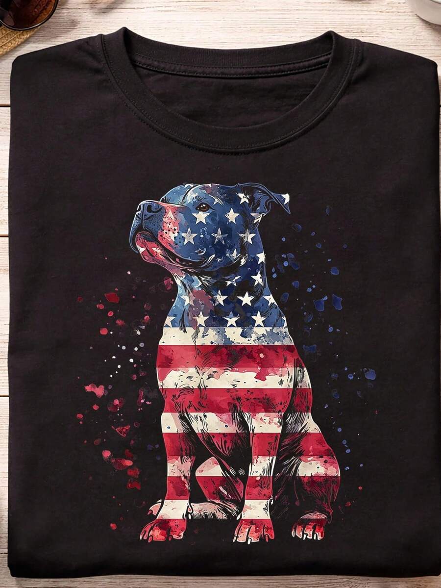 Camiseta patriótica Pitbull Bandera Americana 4 de Julio Pitbull Dad TShirt, Camiseta para amantes de los perros, 220 g, algodón puro unisex, peso ideal para todas las estaciones, adecuada para hombres y mujeres. Tejido duradero de alta calidad, suave al tacto y de larga duración. Parte superior transpirable. Adecuada para mujeres en primavera y verano, vacaciones, Día de la Madre, Día de la Independencia. - Negro - Ver 1