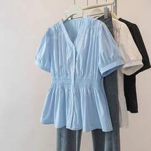 200 libras de talla grande cintura elástica Oficina señora  camisa y blusa de manga corta Top sólido ropa de mujer con cuello en V francés Chic - Azul - Ver 1