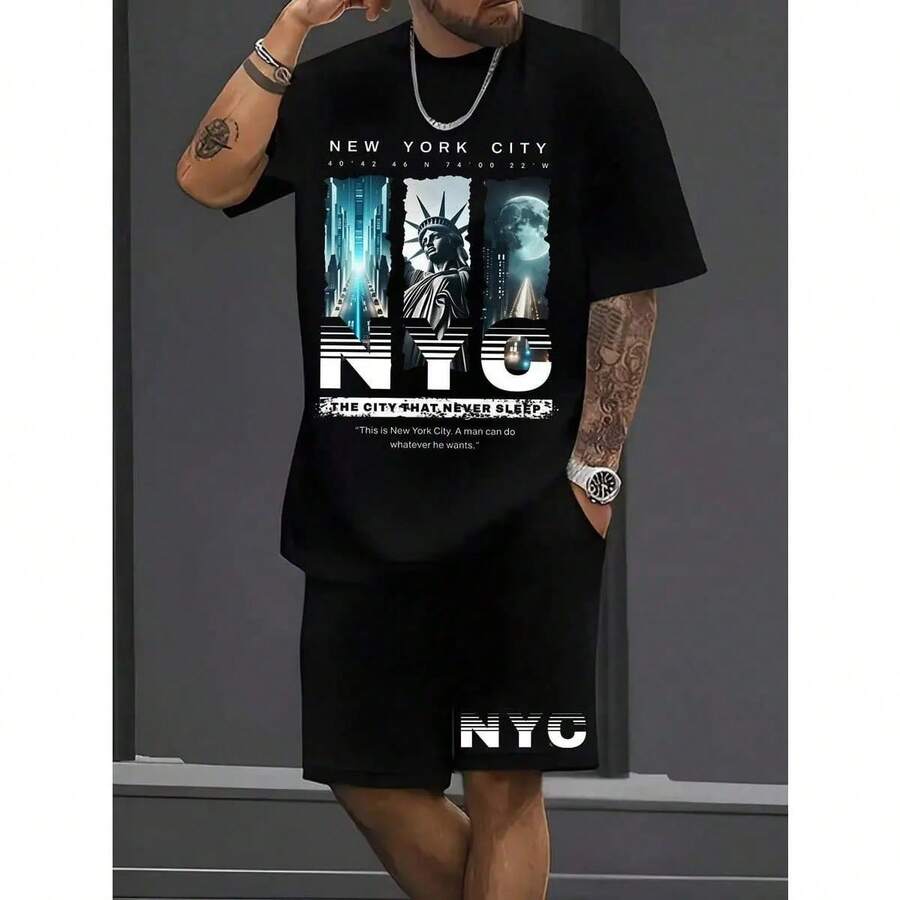 Camisetas con Estampado de la Estatua de la Libertad de Nueva York, Conjunto de 2 Piezas para Hombre, Estilo Americano Vintage, Conjunto de Camiseta y Pantalones Cortos, Traje Deportivo Casual de Verano - Negro - Ver 1