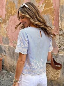 Blusa Corta Bordada Casual para Mujer, Camisas Campestres de Primavera/Verano para Mujer, Ropa de Verano para Vacaciones Campestres - Azul 2 - Ver 2