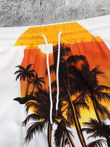 Men's Swim Trunks, Loose Fit Drawstring Waist Palm Tree Print Beach Shorts With Side Pockets - White - View 6