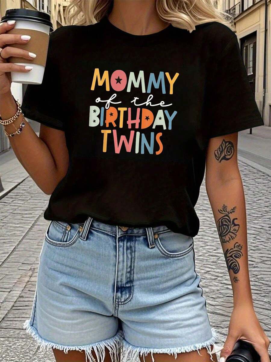 Camiseta de manga corta con cuello redondo para mujer, estilo retro de vacaciones, nueva colección 2026, con estampado, para compras informales, regalos de vacaciones, reuniones con amigos, fiestas deúsica y ropa de vacaciones. - Negro - Ver 1