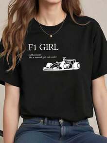 Minimalist F1 Racing Graphic T-Shirt, Combed Cotton, Lightweight, Relaxed Fit, Streetwear, Basic And Durable. Women's Simple Solid Color T-Shirt, Loose And Slim Fit Casual Short Sleeve - 黑色 - 查看 1