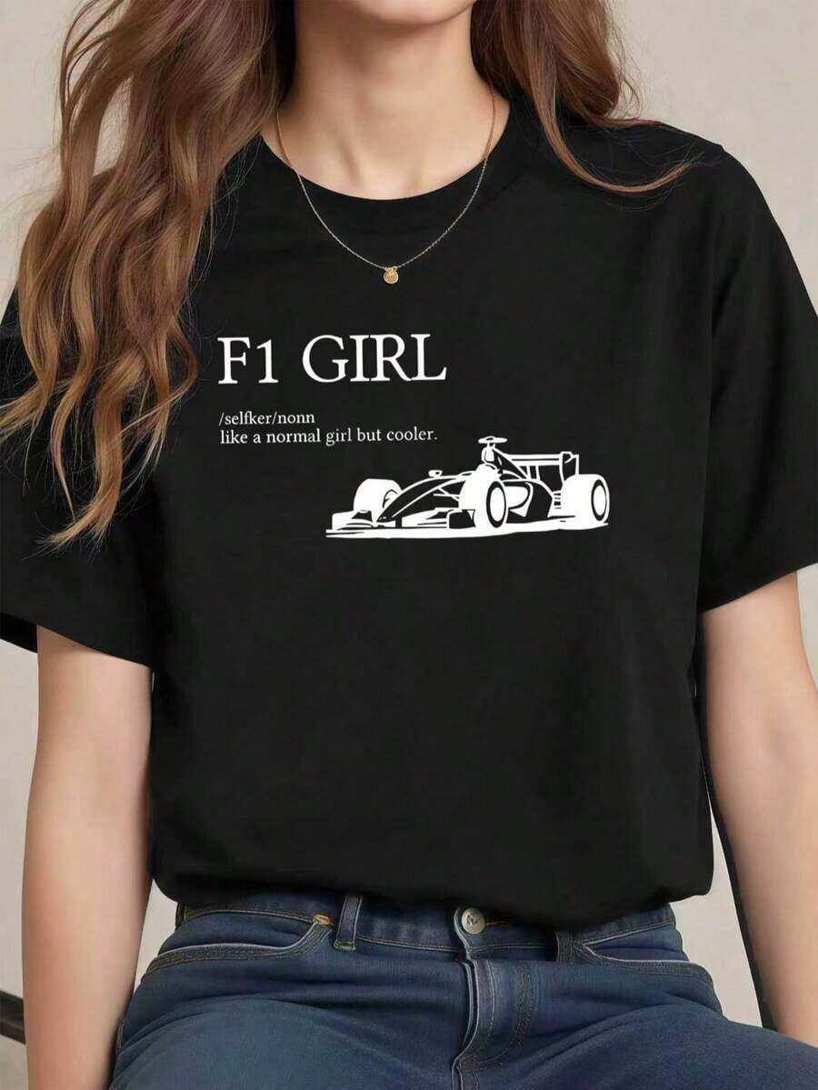 Minimalist F1 Racing Graphic T-Shirt, Combed Cotton, Lightweight, Relaxed Fit, Streetwear, Basic And Durable. Women's Simple Solid Color T-Shirt, Loose And Slim Fit Casual Short Sleeve - 黑色 - 查看 1