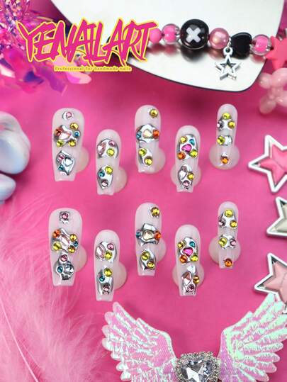 10pcs Long Coffin Acrylic False Nails, White Nails With 3D Decorative Elements, Colorful Nail Gems, Handmade Punk Style Full Cover Acrylic Nail Set, Suitable For Women & Girls For Daily, Festival, Work, Party Occasions, Comes With 1 Mini Nail File And 1 Double-Sided Adhesive Sticker, Also Makes A Great Gift