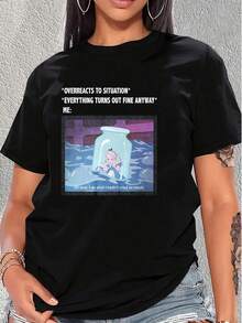 Ilustración de una chica dentro de un frasco rodeada de agua que simboliza las emociones contenidas y la superación personal con frases humorísticas sobre reaccionar ante las situaciones camiseta de mujer  cómoda casual moderna para uso diario - Negro - Ver 1