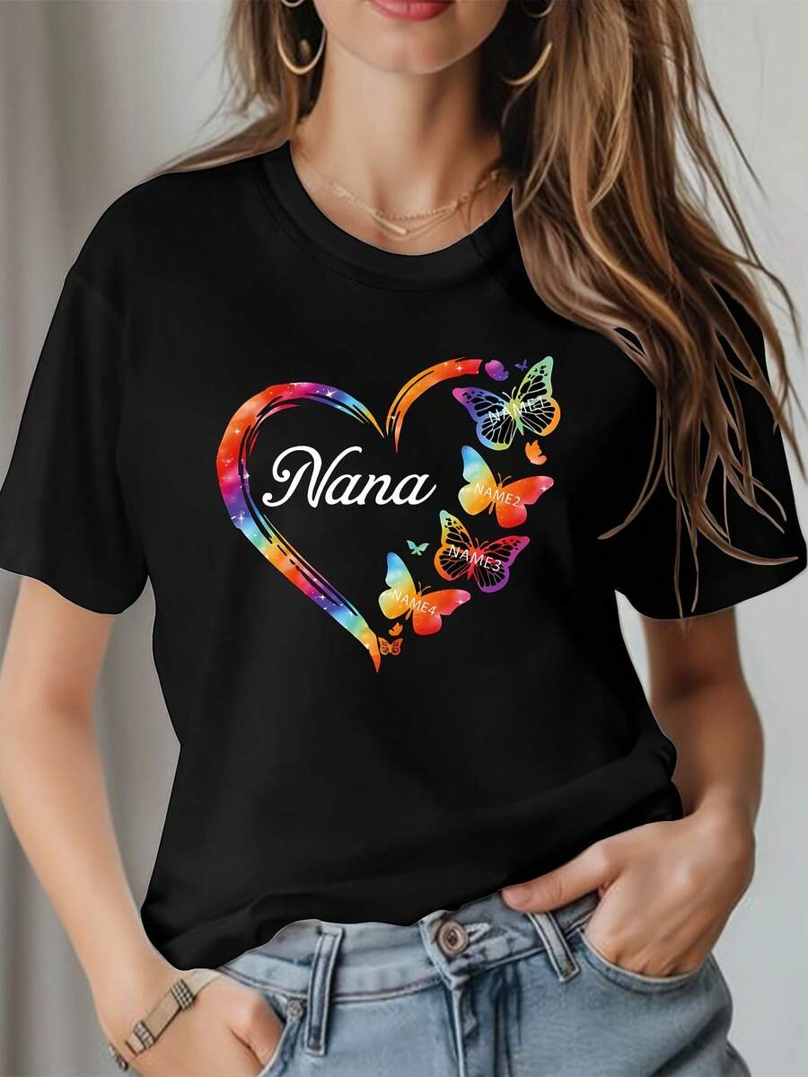 Camiseta Básica de Cuello Redondo para Mujer - Corazón Mariposa Nana, Reunión Familiar, Día de la Abuela - Negro - Ver 1