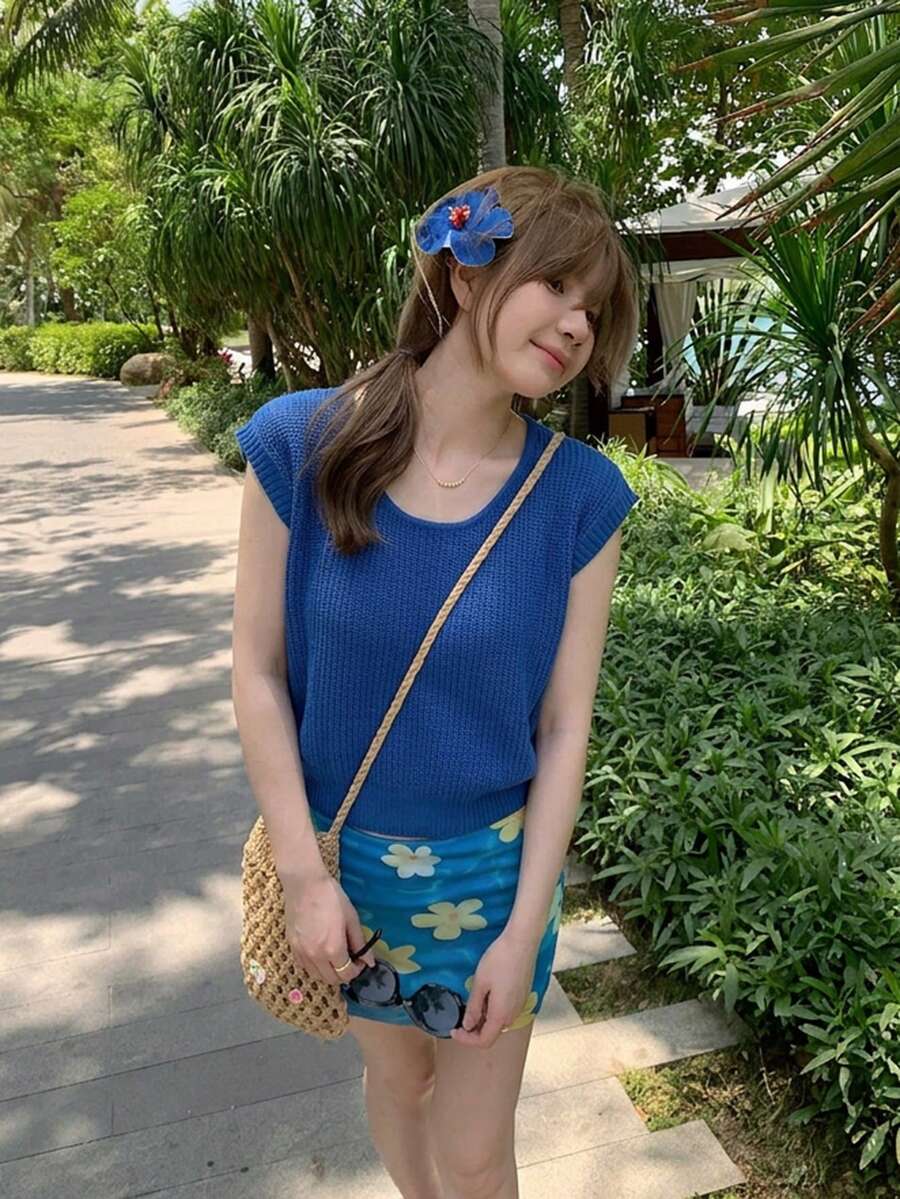 Áo vest không tay màu xanh dương dành cho nữ, áo len dệt kim rộng rãi đa năng mới với chất liệu mềm mại, thích hợp cho mùa hè. - Màu xanh lam - Xem 1