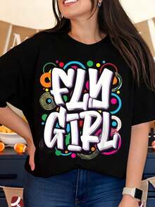 Camiseta Gráfica Colorida Divertida para Mujer, Ropa Casual de Verano, Atuendo para Fiesta, Idea de Regalo para Celebraciones de Cumpleaños y Eventos Festivos - Negro - Ver 1
