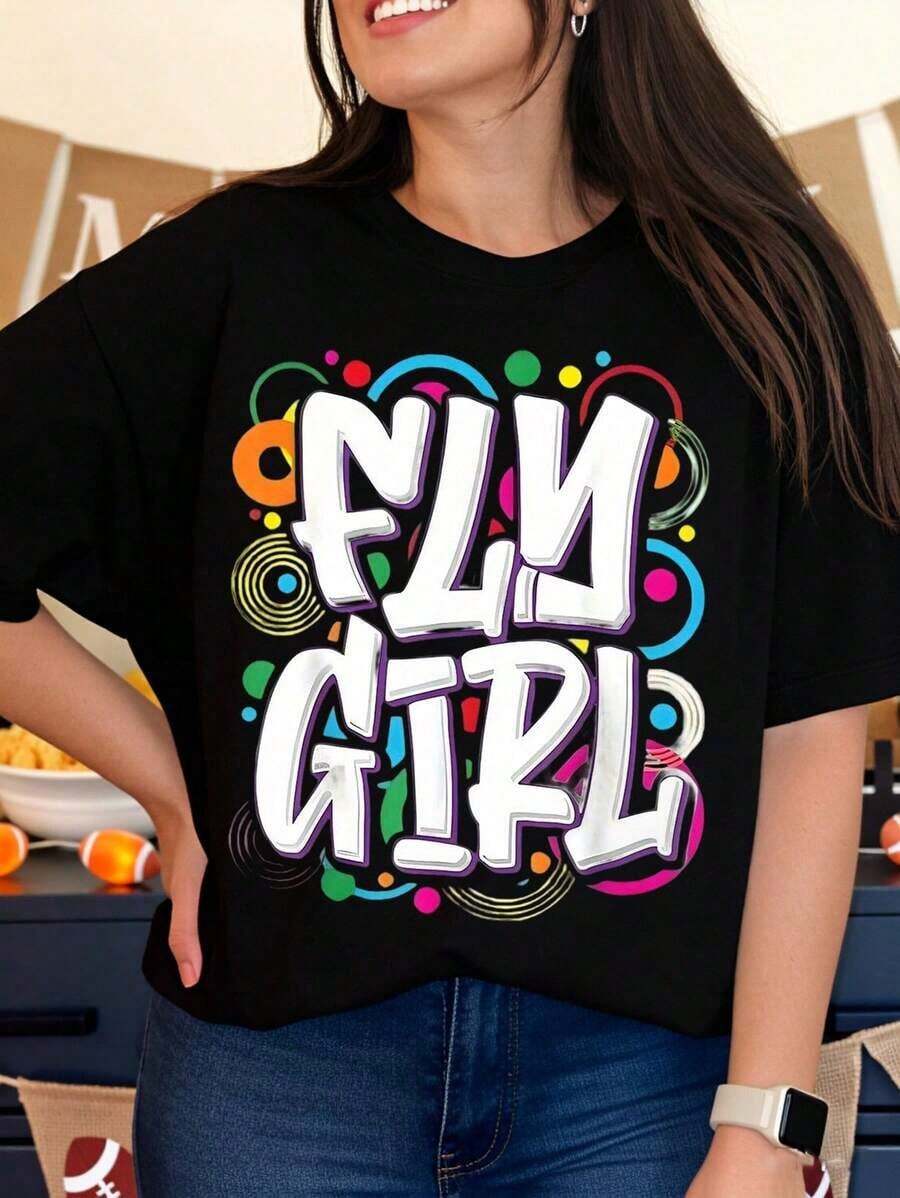 Camiseta Gráfica Colorida Divertida para Mujer, Ropa Casual de Verano, Atuendo para Fiesta, Idea de Regalo para Celebraciones de Cumpleaños y Eventos Festivos - Negro - Ver 1