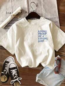 GiftTop casual de verano para mujer con estampado de doble cara que presenta un diseño minimalista de nubes y pájaros, LIVING PROOF OF A LOVING GOD, camiseta de manga corta pura con cuello redondo estampadoSoft - Albaricoque - Ver 4
