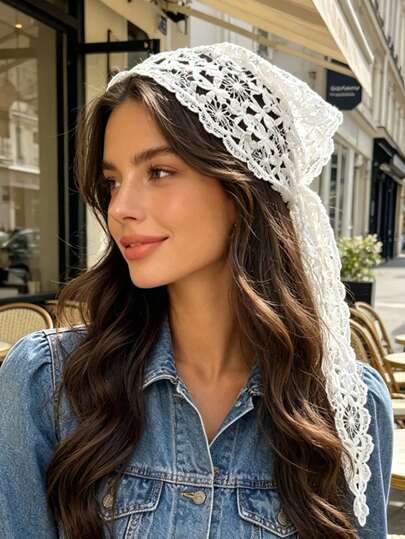 1pc New White Lace Hollow Floral Headband, Elegant Waist Decor, Fashion Scarf Headband
