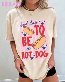 Retro T-Shirt With Cartoon Print "A Bad Day To Be A Hot Dog" For Women | Breathable Spring T-Shirts 100% Cotton, Short Sleeve And Loose Fit. - 杏色1 - 查看 1