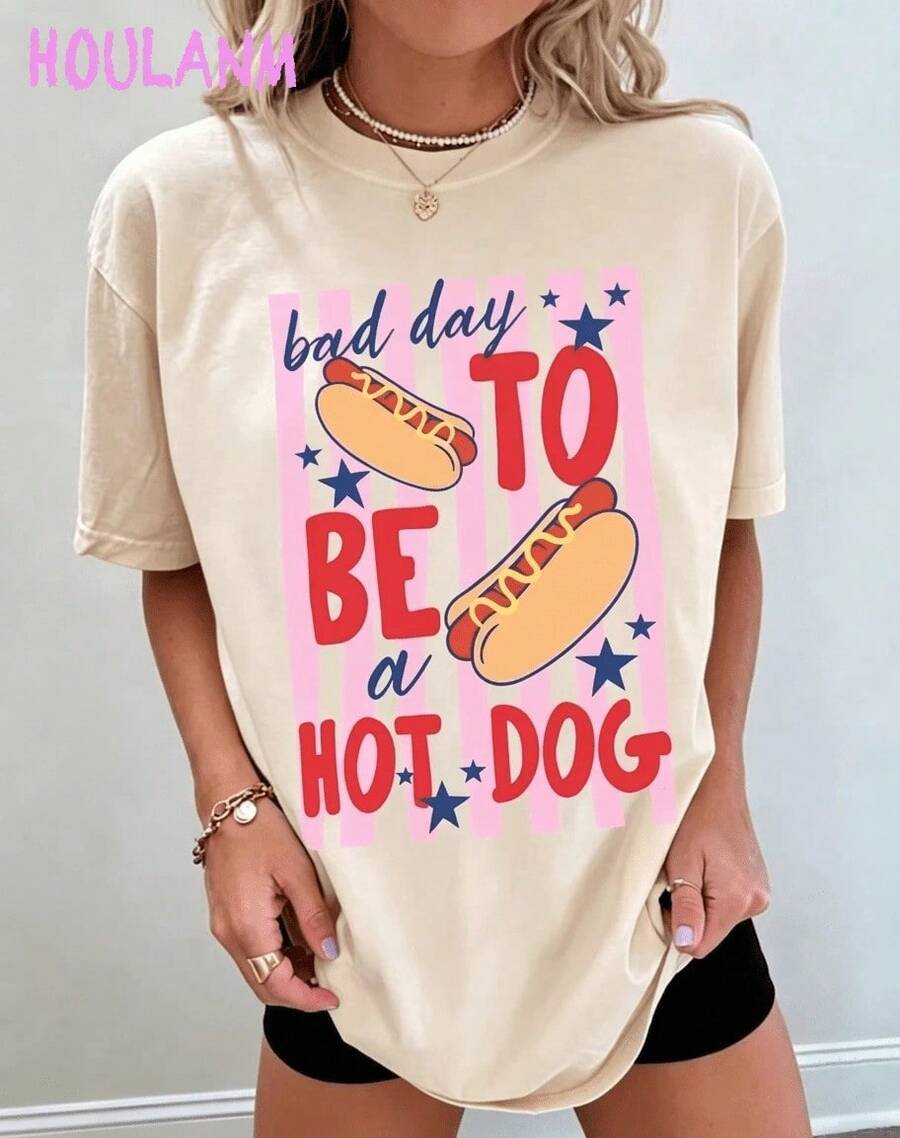 Retro T-Shirt With Cartoon Print "A Bad Day To Be A Hot Dog" For Women | Breathable Spring T-Shirts 100% Cotton, Short Sleeve And Loose Fit. - 杏色1 - 查看 1