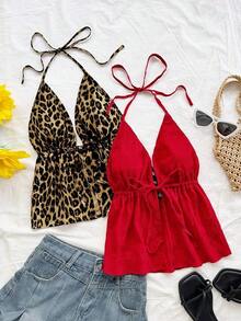 2 piezas Camiseta sin espalda con escote en V y tirantes con estampado de leopardo sexy, adecuada para vacaciones, citas, té de la tarde, vacaciones, festivales de música, estilo bohemio - Multicolor 4 - Ver 8