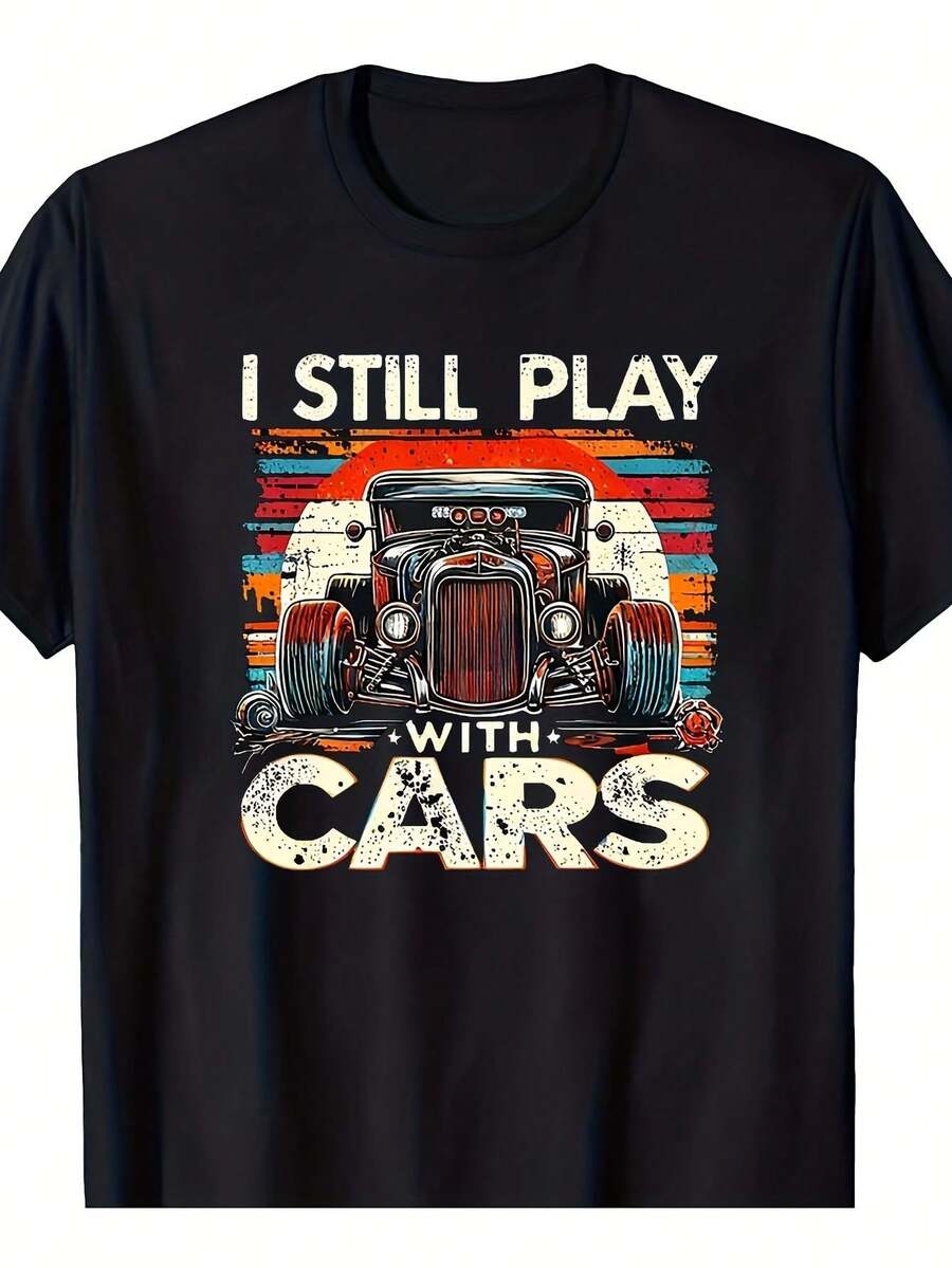 Camiseta Retro de Mecánico Hot Rod con Diseño de Coche Clásico - Cómoda Camiseta de Cuello Redondo Ideal para Entusiastas del Automóvil, Uso Casual y Lavable a Máquina. Una camiseta de manga corta adecuada para el hogar, uso diario, fiestas y viajes-perfecta como regalo para amigos o familiares. - Negro - Ver 1