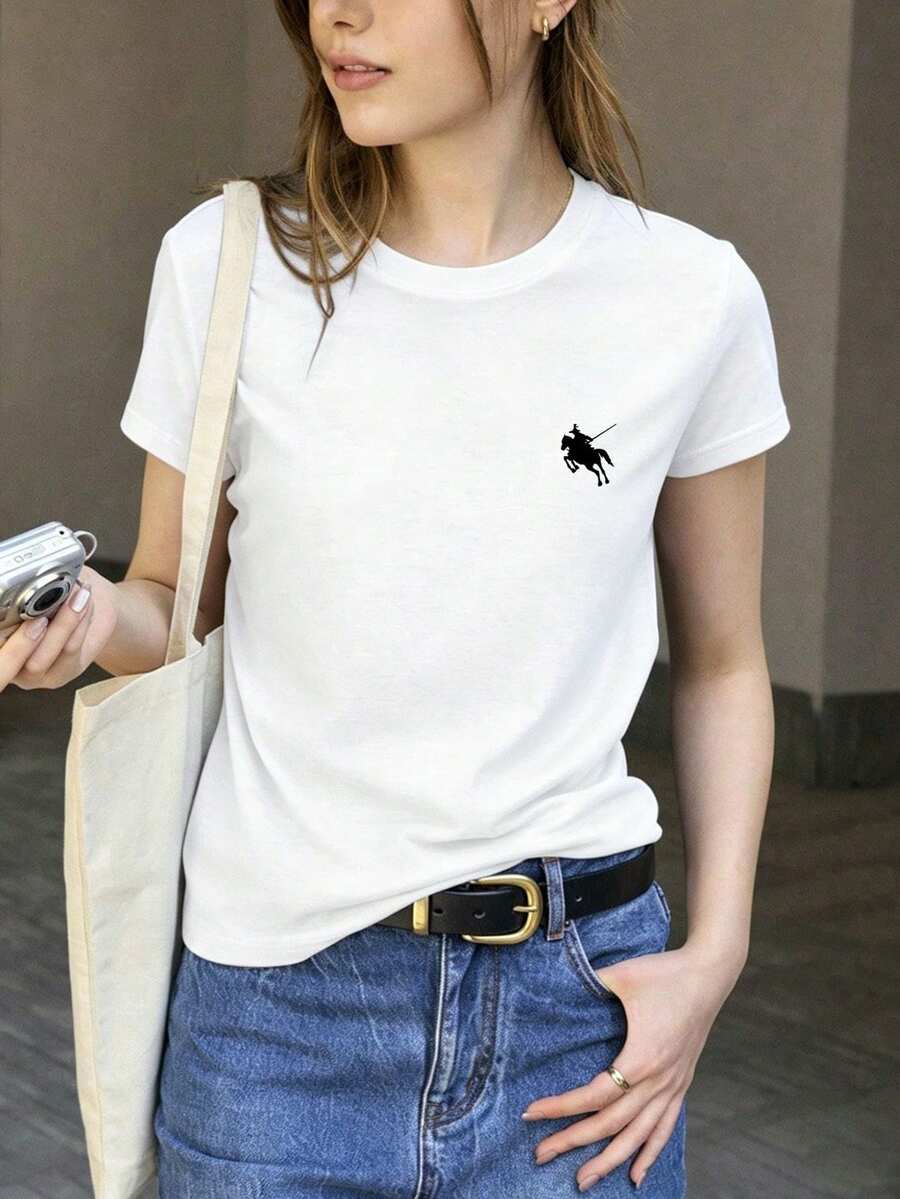 Playeras de Mujer Cuello Redondo Manga Corta, Camiseta con Estampado de Moda Actual, Tops Básicos Casuales - Blanco - Ver 1