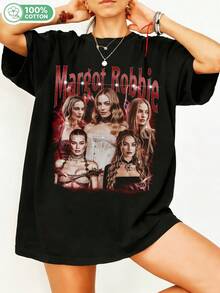 100 % bomull, Margott Robbiee retro-t-shirt med grafisk design och skådespelerska i vintage-stil från 90-talet. Avslappnad kortärmad topp med rund hals för fans. Stor storlek, streetwear i svart. - Svart - Visa 6