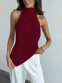 Top sin espalda con cuello halter y bajo asimétrico de unicolor púrpura para mujer, verano, vacaciones.Sencillo y elegante para uso diario y oficina. - Rojo - Ver 7