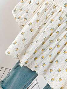 Blusa de mujer con cuello en V de gasa con estampado floral romántico, manga farol, corte holgado y silueta favorecedora, adecuada para uso casual, de calle y de oficina en vacaciones de verano - Verde - Ver 7