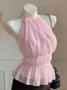 Top sin mangas con cuello de halter plisado, cintura ajustada y espalda abierta - Rosa - Ver 6