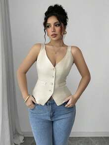 Camiseta sin mangas de un solo pecho de unicolor casual para mujer - Albaricoque - Ver 6