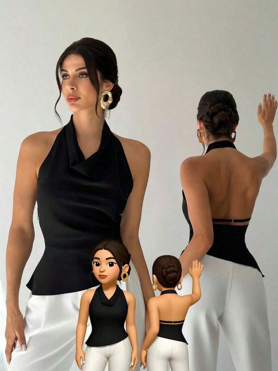 Camisa elegante de oficina para mujer, blusa negra ajustada con cuello asimétrico, sin mangas, halter, espalda descubierta, decoración de botones ajustables, ropa de primavera/verano, elegante, sexy - Negro - Ver 1