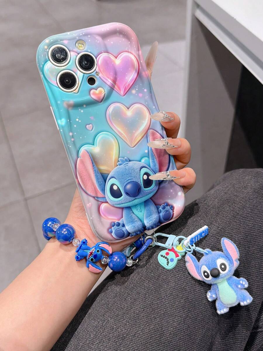 Disney Has Authorized, Phone Case - Chain Set, The Stitch Lilo & Stitch 3D Phone Case Plus A Silicone 3D Stitch Bracelet With Metallic Ring Removable Bracelet, Stitch And Angel Pattern, Compatible With Iphone17/16/15/14/13/12/11/XS/XR/X Plus Pro Max, A Stylish Cartoon Phone Case, The Perfect Gift Choice, Phone Protection, Durable Phone Cover, Great Gift For Friends And Family. - trắng - Xem 1