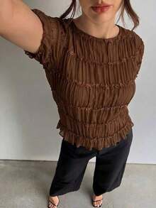Blusa de mujer elegante de chifón y encaje con parches en color albaricoque - Café integral - Ver 3