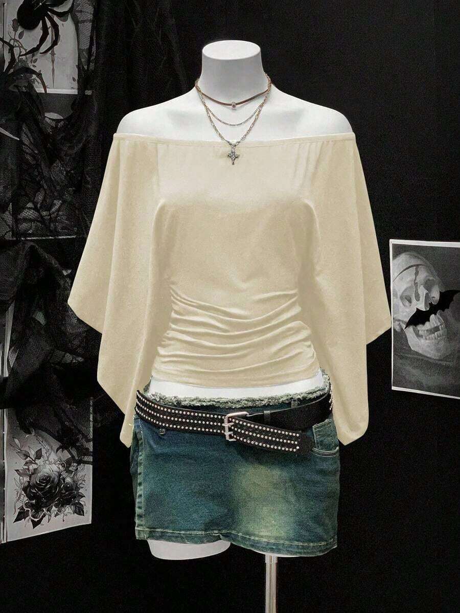 Camiseta retro sexy de mujer con hombros descubiertos, cintura ceñida y pliegues de unicolor - Caqui - Ver 1