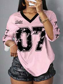 Camiseta casual con estampado de número 07 y letras para mujer, adecuada para el verano - Multicolor 2 - Ver 1