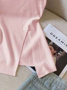 Top de tirantes con abertura en el hombro de unicolor casual, verano - Rosa - Ver 4