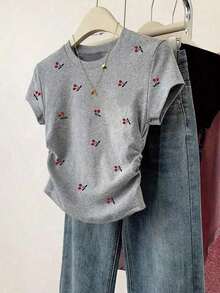 lanzamiento de verano, top corto versátil y casual con estampado de limón dulce, camiseta ajustada a la cintura para mujer, diseño cómodo, adecuado para uso diario, al aire libre, compras - Gris - Ver 1