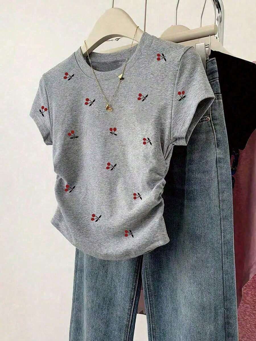 lanzamiento de verano, top corto versátil y casual con estampado de limón dulce, camiseta ajustada a la cintura para mujer, diseño cómodo, adecuado para uso diario, al aire libre, compras - Gris - Ver 1