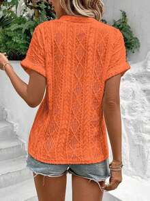 Camiseta suelta de mujer de manga de murciélago con escote en pico, de tela texturizada de unicolor, para verano y vacaciones - Naranja - Ver 2
