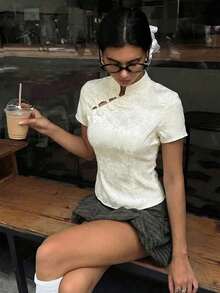 Blusa de cuello Mao de manga corta con cintura ceñida, estilo chino nuevo en color albaricoque, nuevo diseño de primavera/verano para mujer - Albaricoque 2 - Ver 4