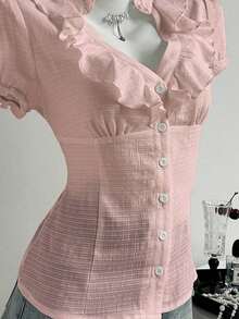 Camisa de mujer con cuello en V, cintura fruncida y manga corta, color blanco, para primavera/verano - Rosa 2 - Ver 4
