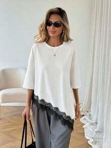 LUNE Camiseta básica de mujer de uso diario para primavera y verano, de unicolor, con dobladillo asimétrico y parches de encaje - Blanco y Negro - Ver 4