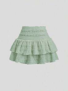 Falda mini casual y de resort Y2K con dobladillo de doble capa y ribete de volantes de unicolor - Verde 2 - Ver 2