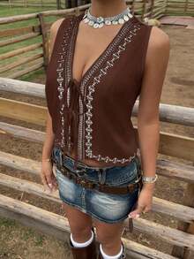 2026 Nuevo Top sin mangas con cuello en V, lazo delantero y bordado floral para mujer, ideal para vacaciones en la playa, uso casual, estilo Y2K de los 2000, primavera, graduación, fiesta de boda, vacaciones elegantes, San Valentín, carnaval, - Marrón - Ver 5