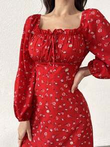Vestido largo con cuello cuadrado, mangas farol y estampado floral para mujer - Rojo - Ver 3