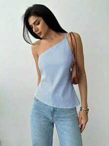 Nueva llegada Primavera/Verano Elegante Top casual de lino color albaricoque con cintura fruncida, bajo asimétrico y espalda descubierta - Azul y blanco - Ver 3