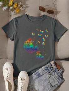 Women's Casual Olive Green T-Shirt With Round Neck And Short Sleeves, Dandelion And Butterfly Print, Regular Fit 4QRB - 深灰色 - 查看 1