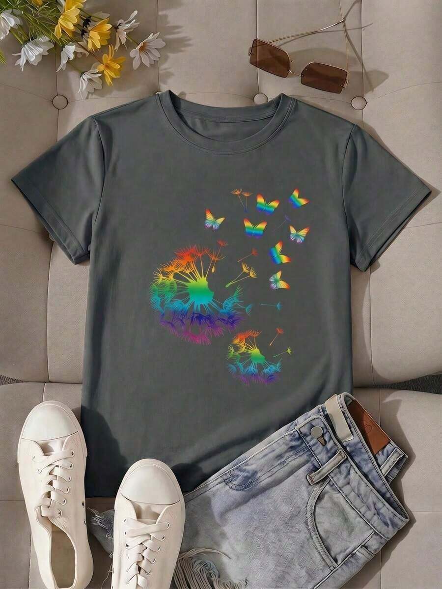 Women's Casual Olive Green T-Shirt With Round Neck And Short Sleeves, Dandelion And Butterfly Print, Regular Fit 4QRB - 深灰色 - 查看 1