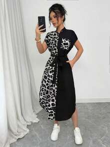 Vestido casual y elegante para el trabajo, vacaciones y viajes, con estilo antiguo, estampado de leopardo, botones delanteros, cinturón con moño, bolsillo, aberturas laterales, contraste de tejido, manga corta, nuevo para el verano 2025 - Gris 2 - Ver 3
