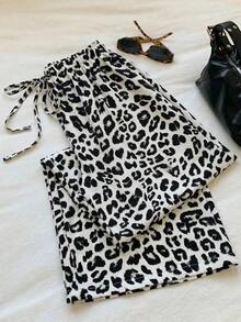 Pantalones Largos Para Mujer Con Estampado De Leopardo Y Cordón De Ajuste - Blanco - Ver 2