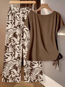 Conjunto de 2 piezas de blusa con lazo y pantalones rectos para mujer, informal - Multicolor 8 - Ver 4