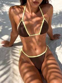 Conjunto de bikini con estampado de teñido anudado para mujer, traje de baño de mujer con decoración de concha iridiscente sexy para fiestas y festivales de música, atuendo de playa de vacaciones para mujer - Multicolor 6 - Ver 8